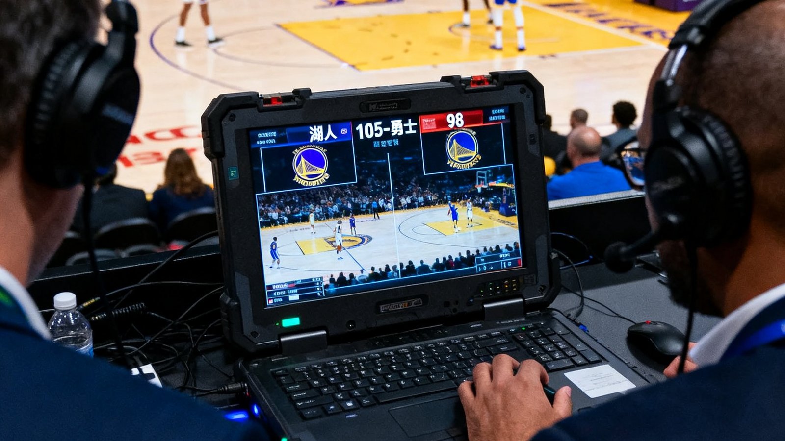 数据分析团队在NBA赛场边使用专业设备实时采集球员动态与比赛数据，屏幕显示对阵双方即时比分