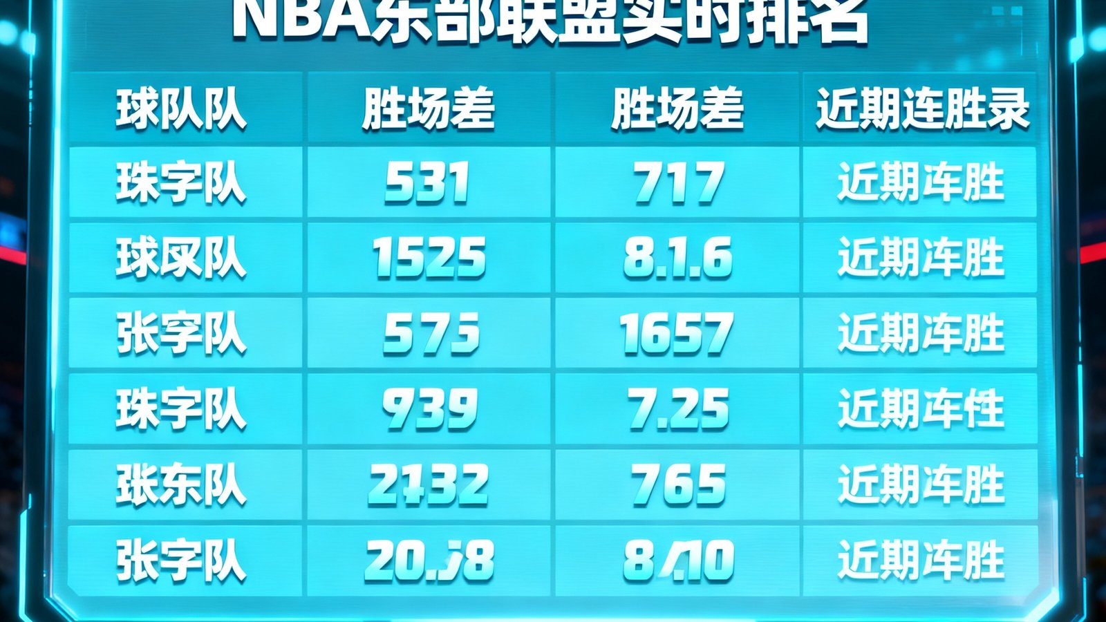 液晶屏幕显示NBA东部联盟前八名球队实时排名，包含胜场差与近期连胜纪录